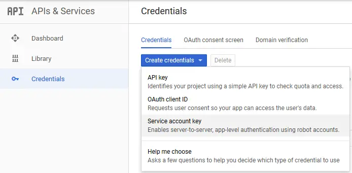 Navigating to service account credentials creation
