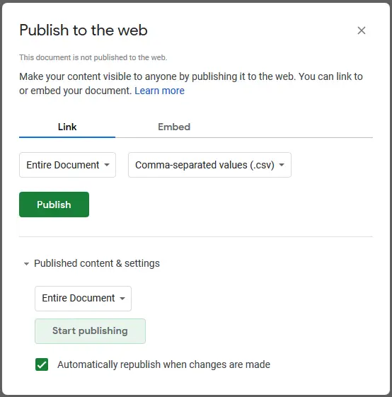 Publish the sheet to the web