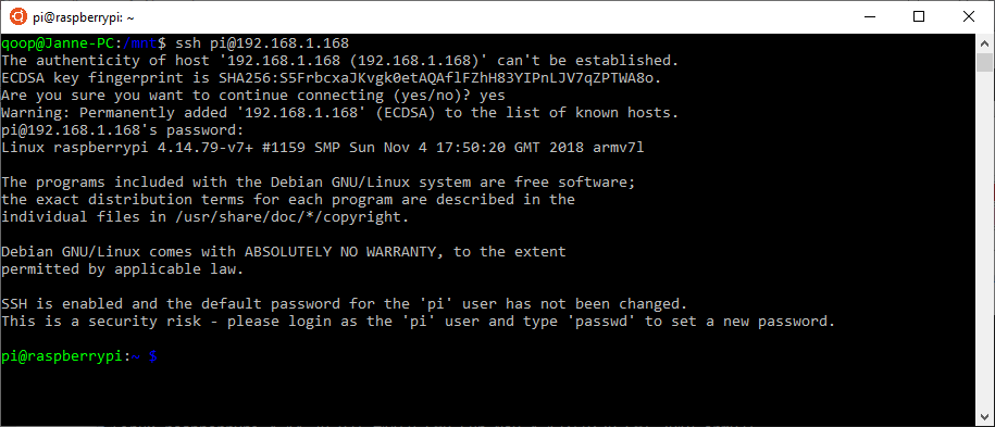Logged in to the Raspberry Pi