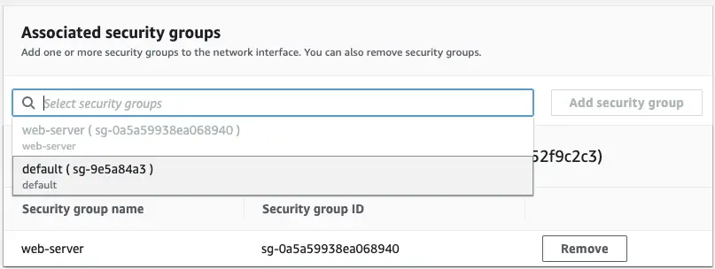 Add security groups to a network interface