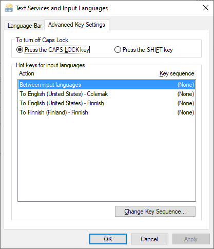 Text Services and Input Languages - Advanced Key Settings